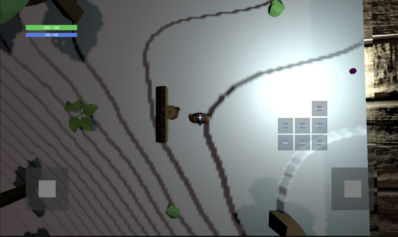 New UI with mana bar, action sticks, Lux compass, mined tree stump, and uncollected wood