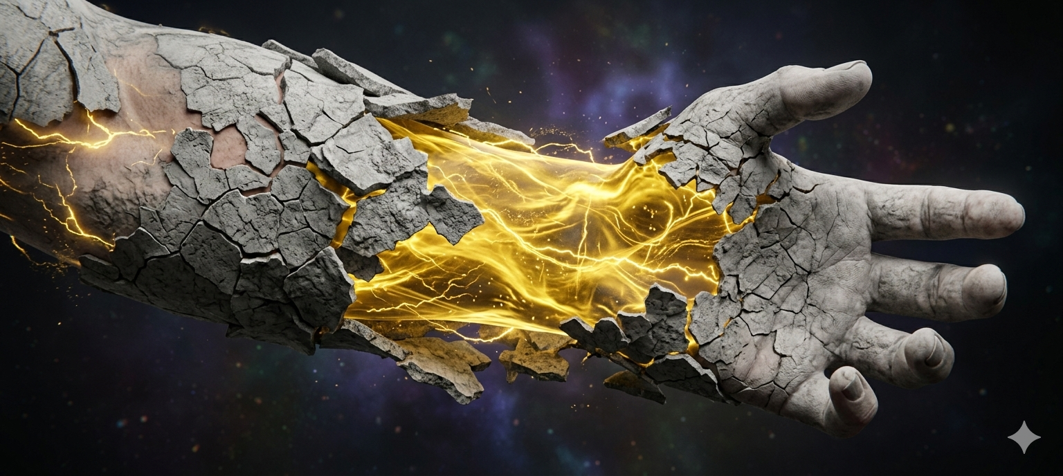 A character limb turning into cosmic energy, flesh decaying into gray stone.